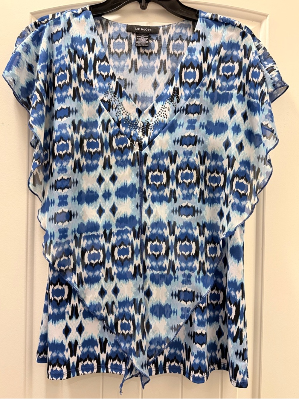 Liz McCoy Blue and White Ikat Print Top
